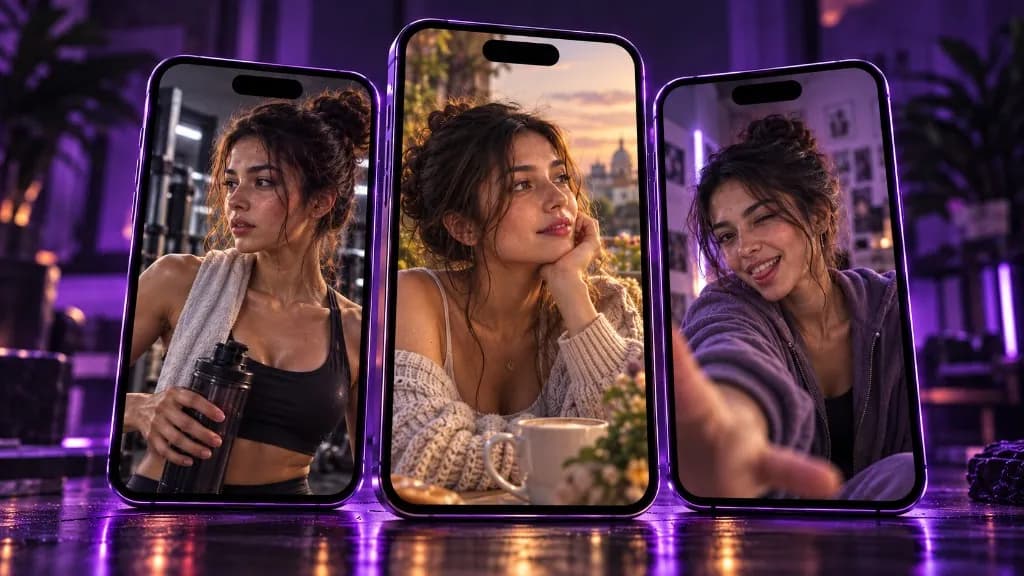 AI influencer phone triptych in violet studio light
