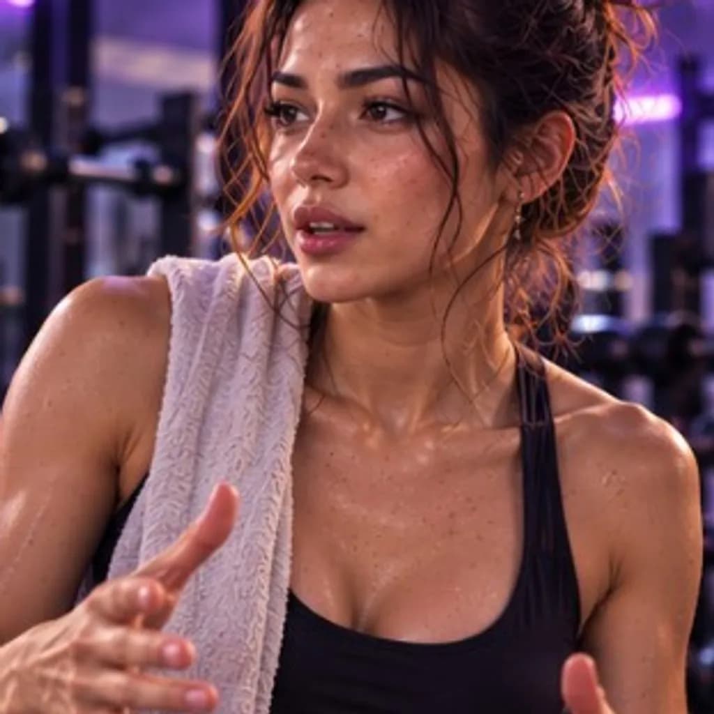 Educational AI influencer vibe — fitness coach mid-tip