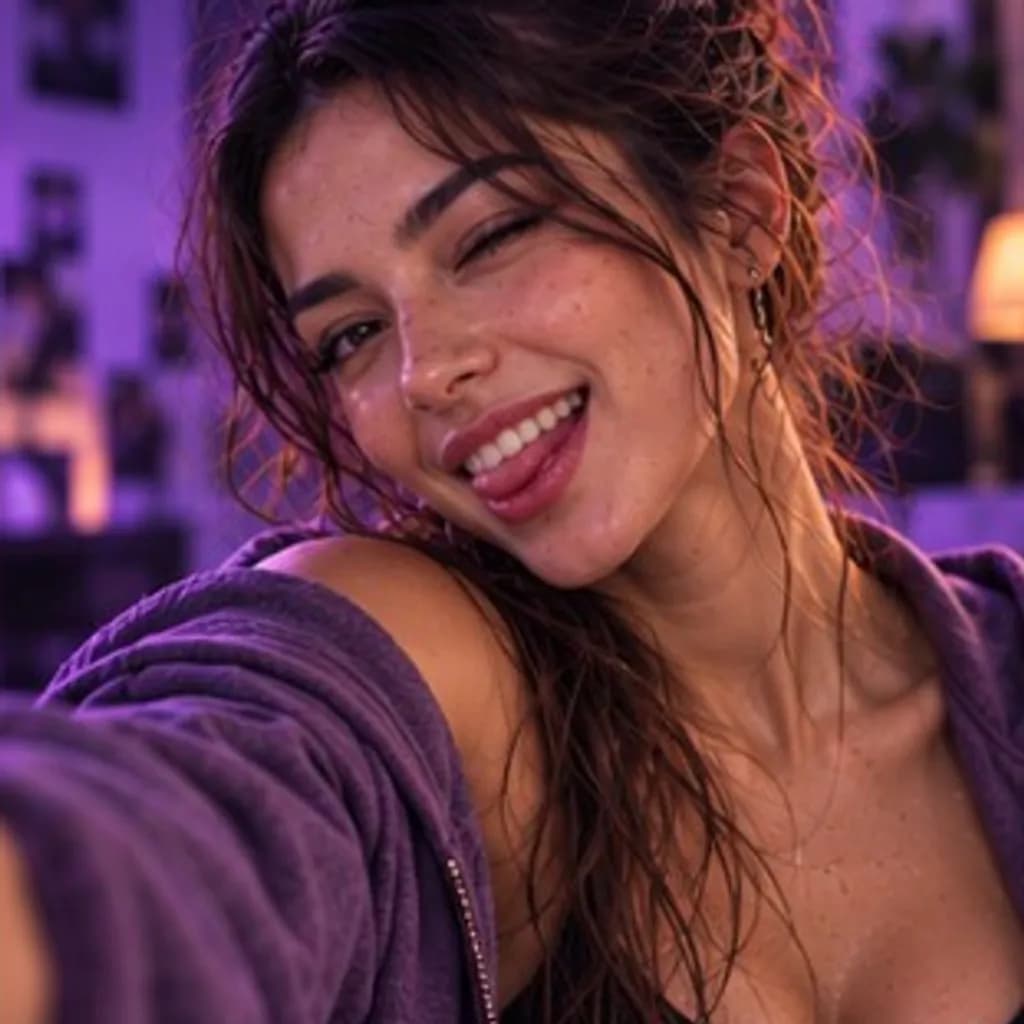 Entertaining AI influencer vibe — playful wink selfie