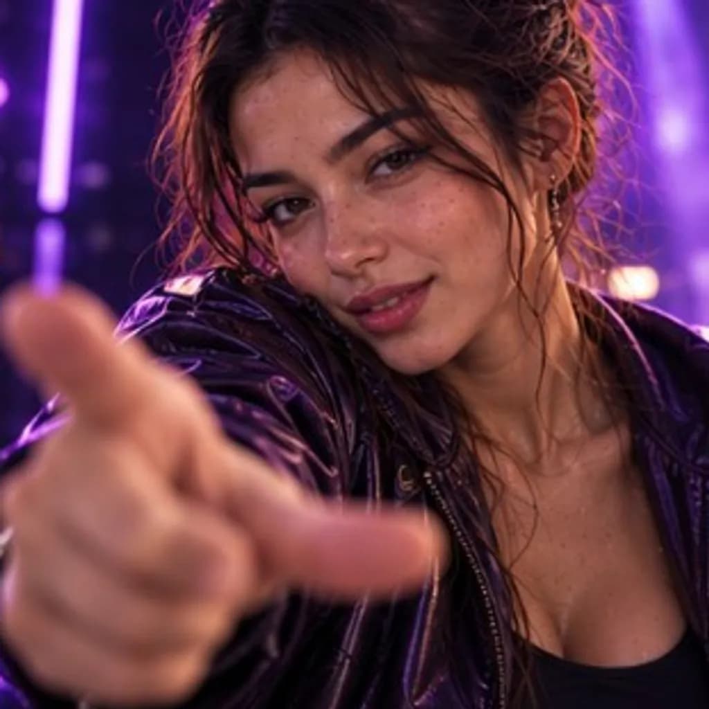Hype AI influencer vibe — pointing at camera