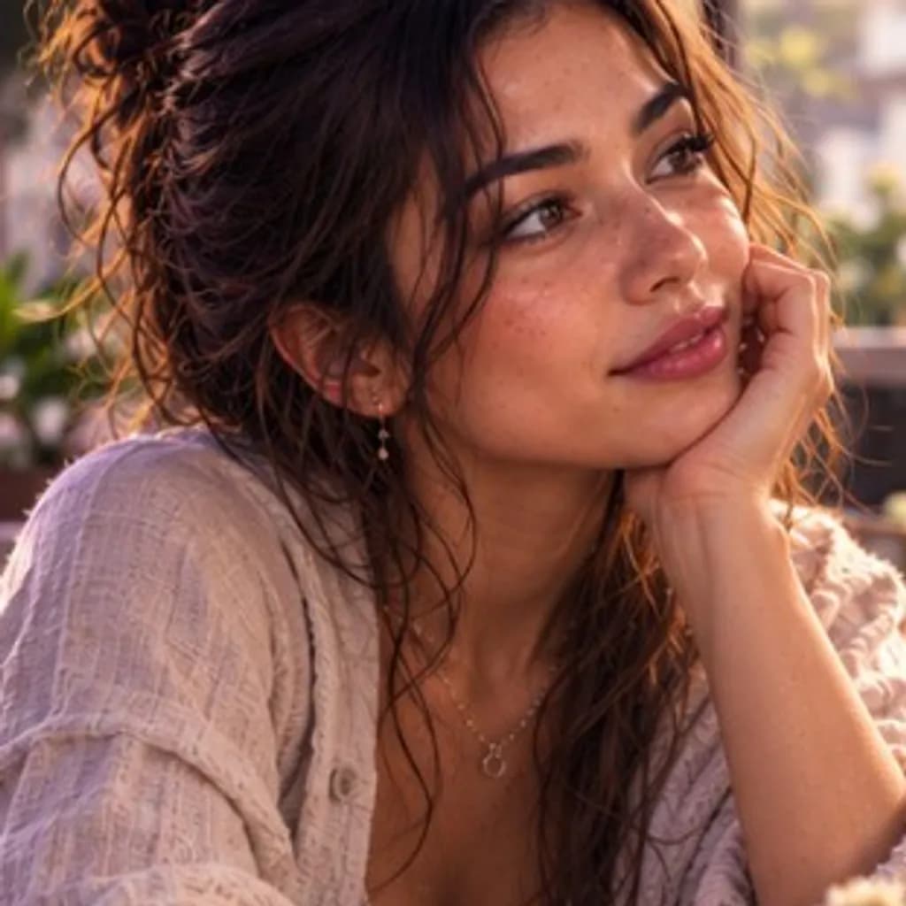 Lifestyle AI influencer vibe — cafe golden hour