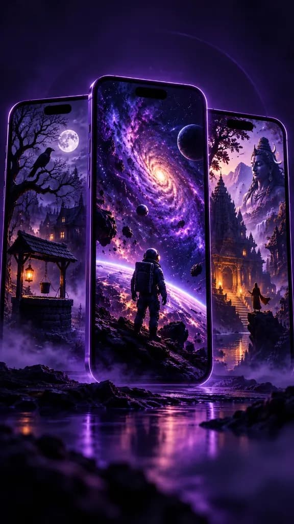 Vertical faceless channel preview on phones in violet mist