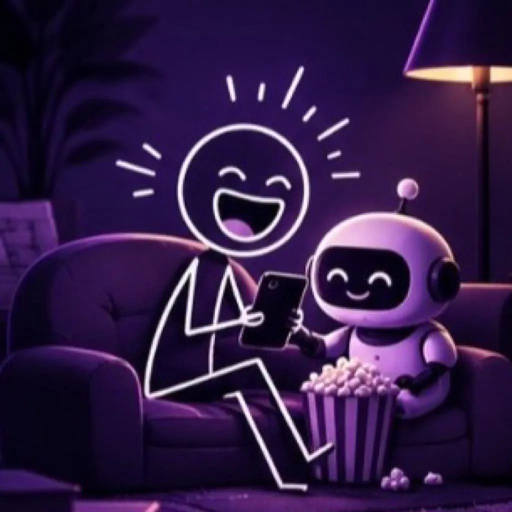 Stick-figure comedy style — neon stick character and robot